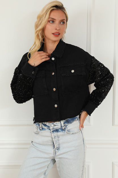 Sequin Button Up Raw Hem Denim Jacket - Myfave Denim