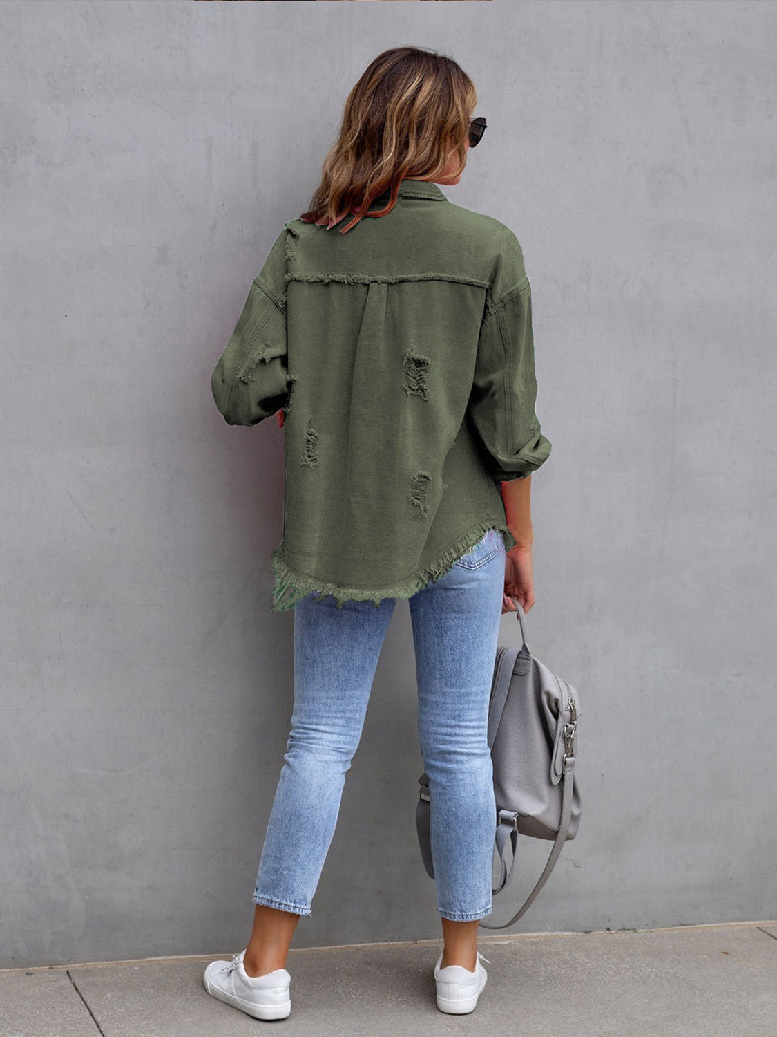 Distressed Drop Shoulder Denim Jacket - Myfave Denim