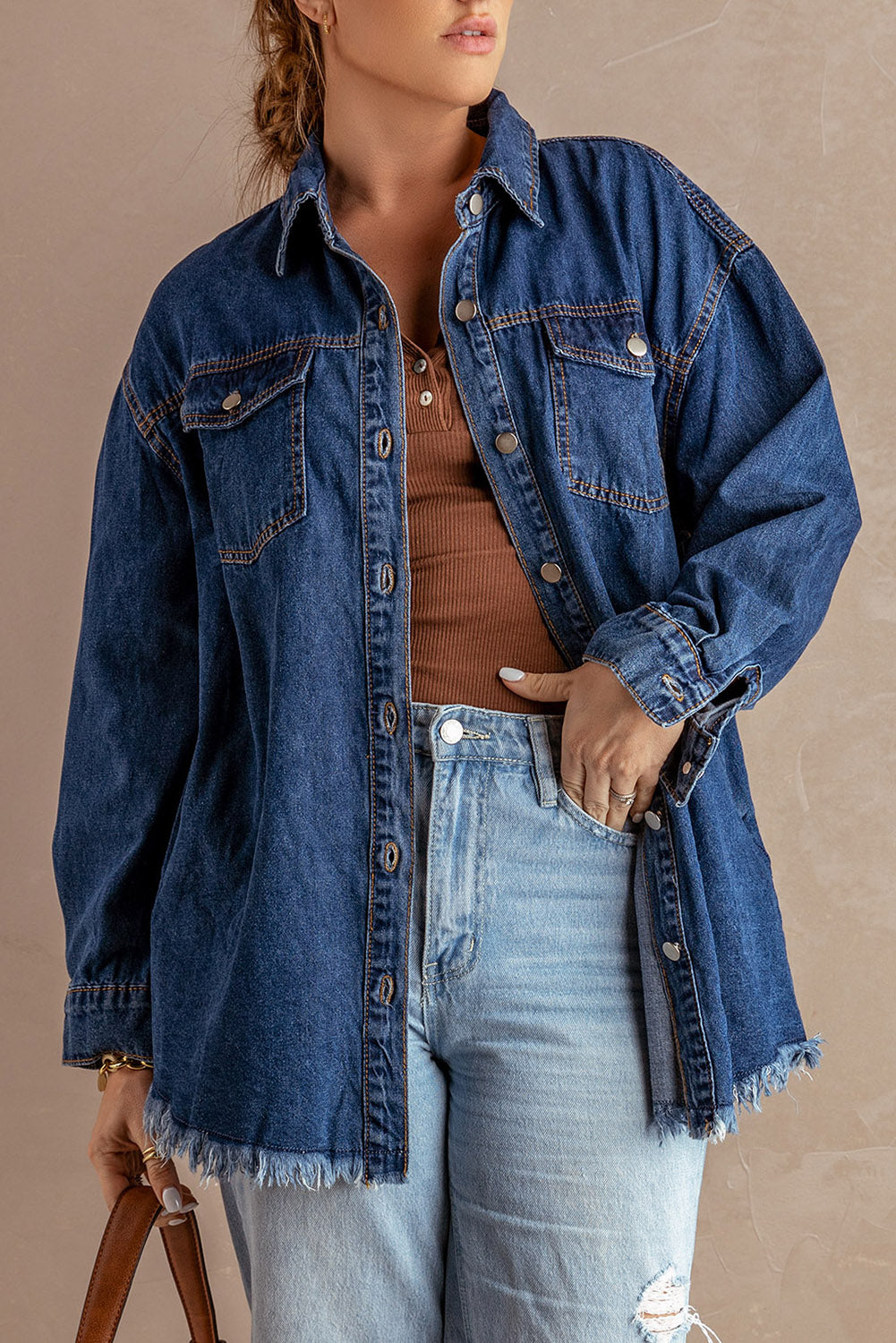 Button Up Pocketed Raw Hem Denim Jacket - Myfave Denim