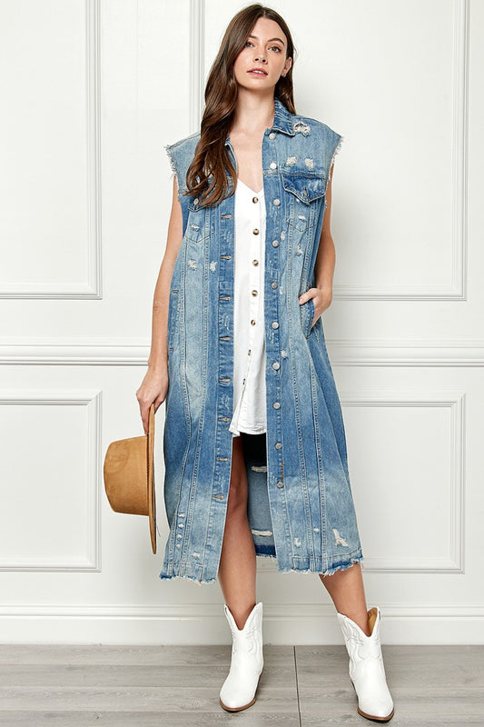 Veveret Full Size Distressed Sleeveless Longline Denim Jacket - Myfave Denim