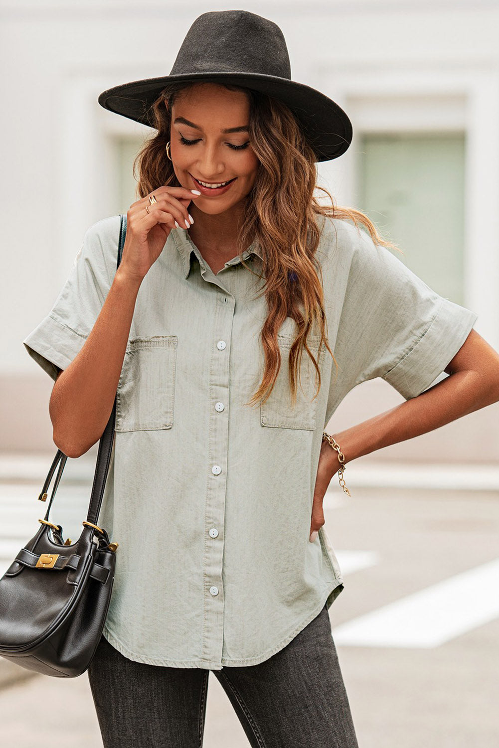 Button Front Collared Short Sleeve Shirt - Myfave Denim