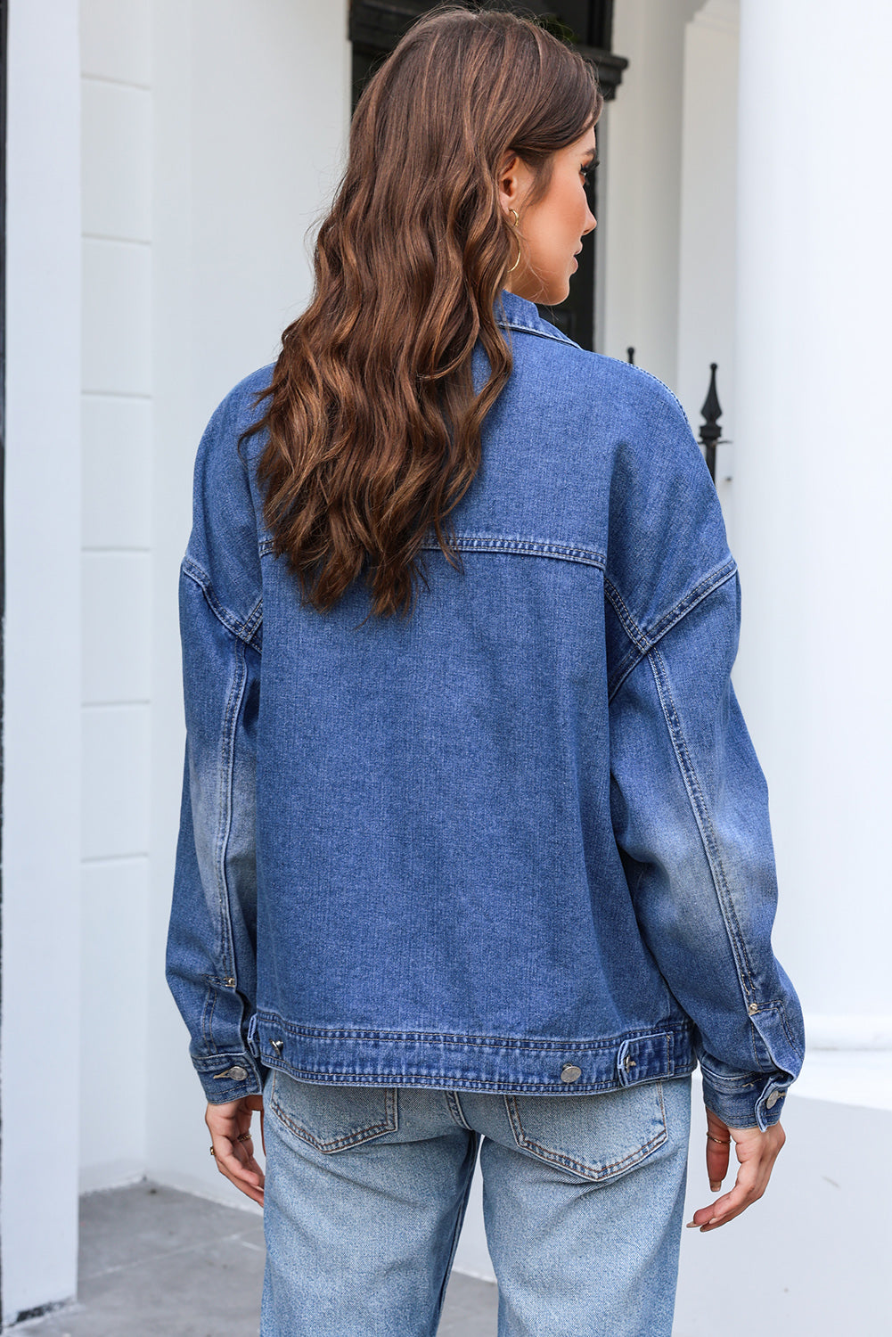 Button Up Dropped Shoulder Denim Jacket with Pockets - Myfave Denim