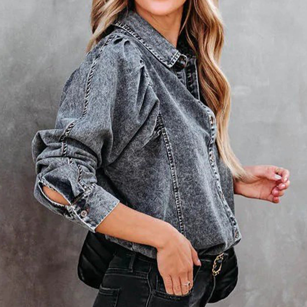 Collared Neck Buttoned Denim Shirt - Myfave Denim