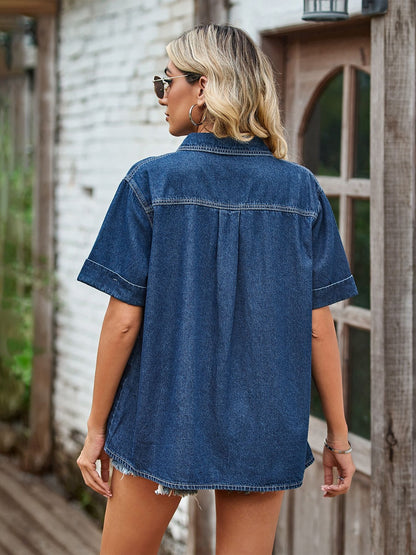 Pocketed Button Up Short Sleeve Denim Shirt - Myfave Denim