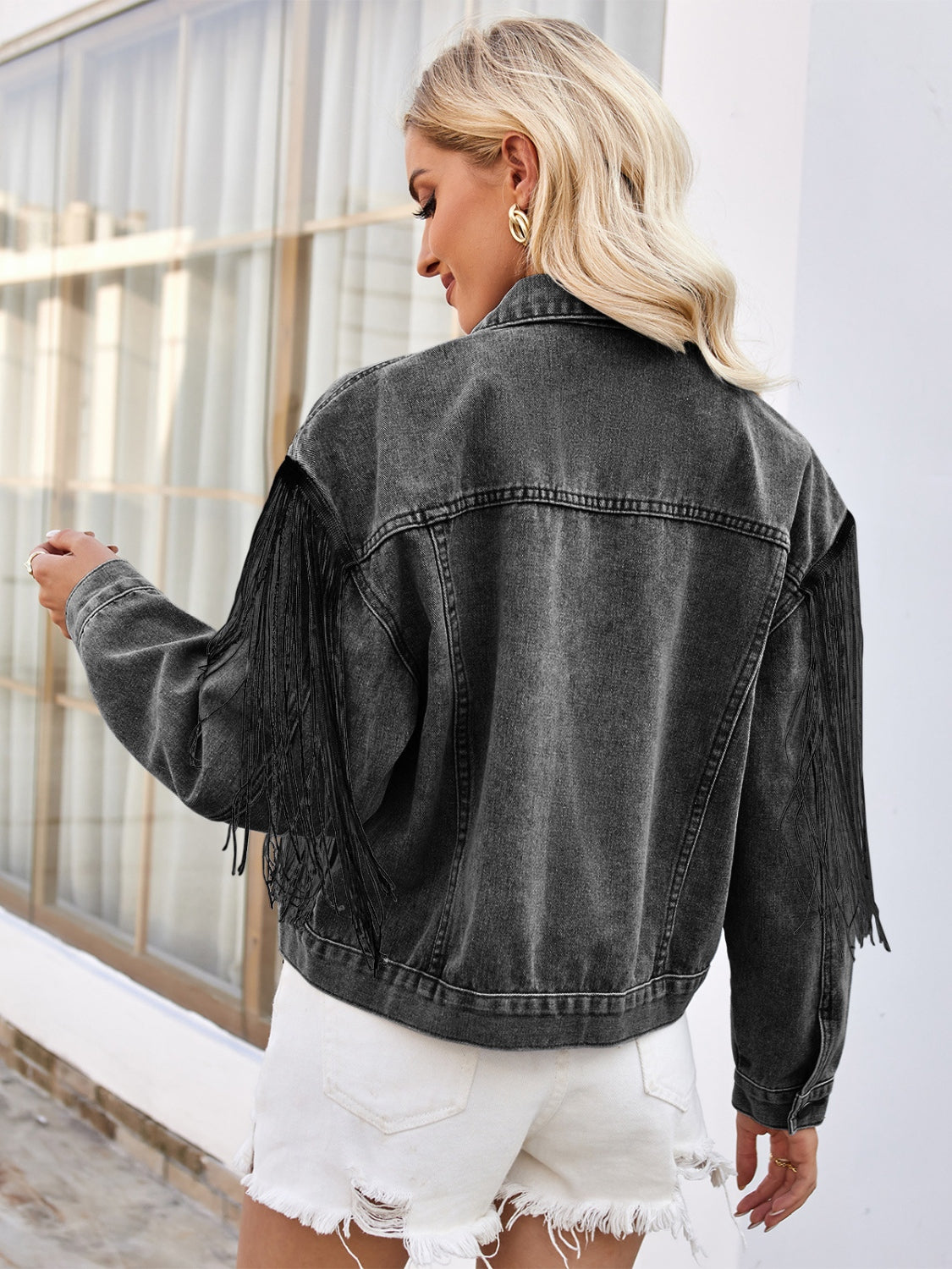 Tassel Button Up Dropped Shoulder Denim Jacket - Myfave Denim