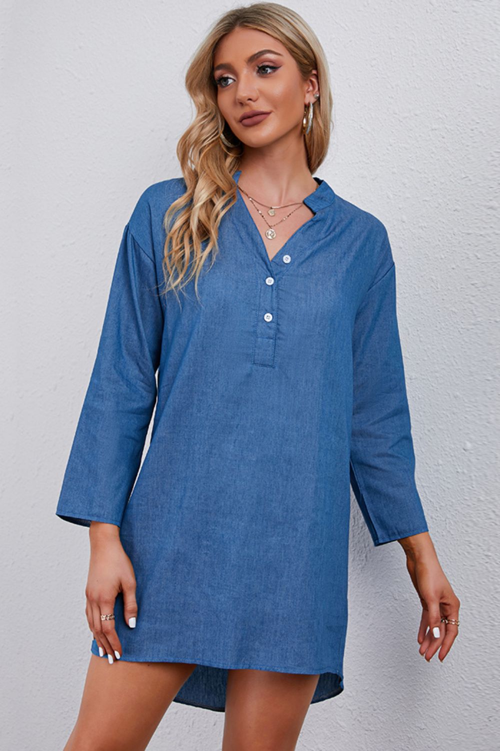 Half-Button Notched Neck High-Low Denim Dress - Myfave Denim