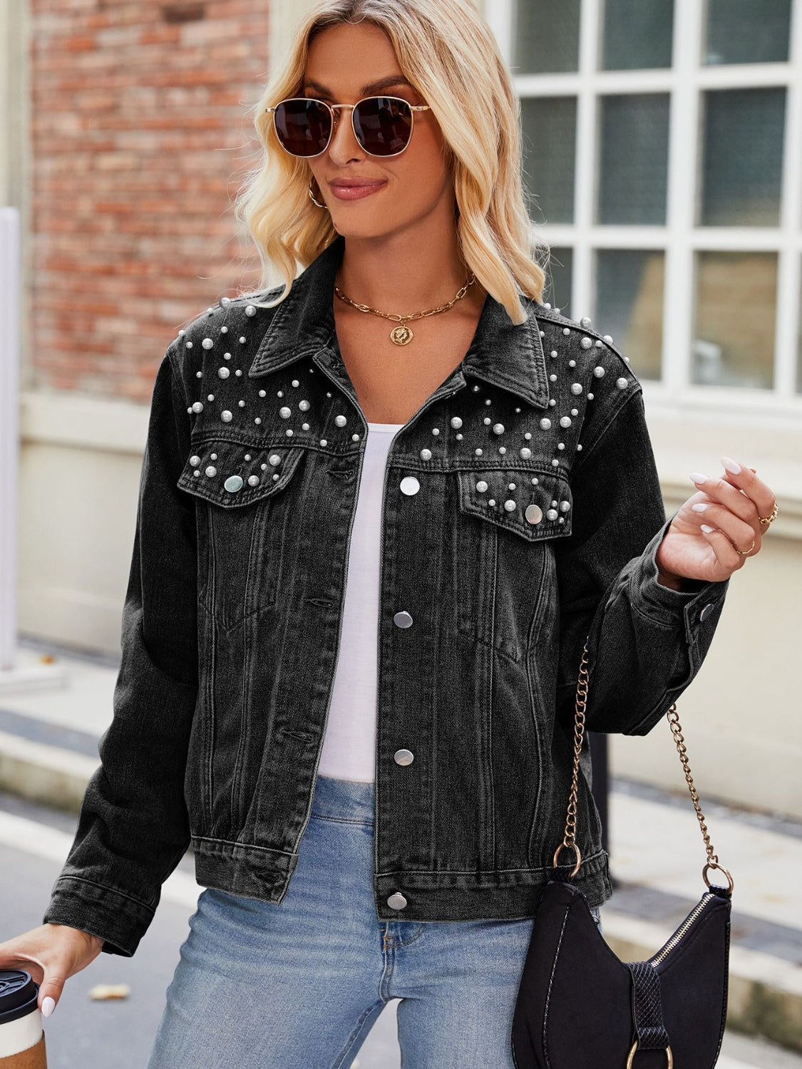 Pearl Detail Collared Neck Long Sleeve Denim Jacket - Myfave Denim