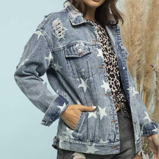 Star Distressed Denim Shacket - Myfave Denim