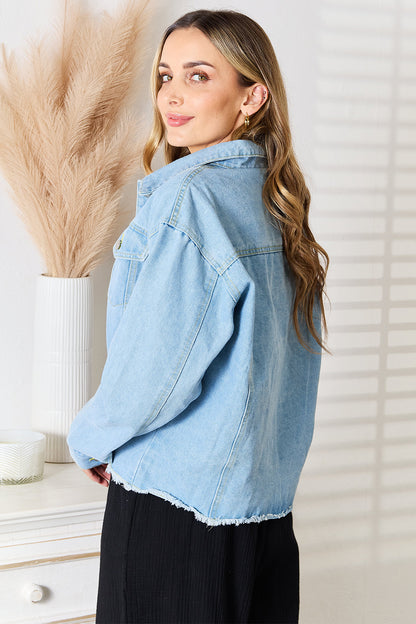 Double Take Dropped Shoulder Raw Hem Denim Jacket - Myfave Denim